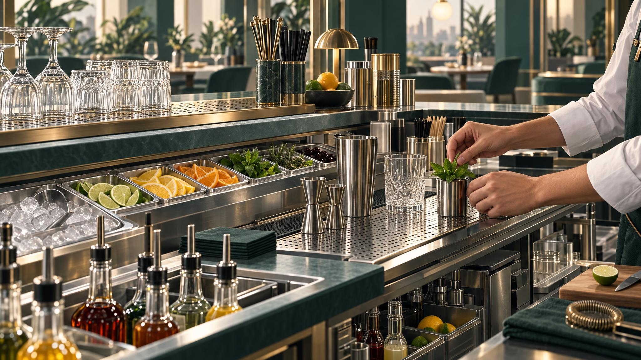 A well-organized bar station prepared for efficient service.