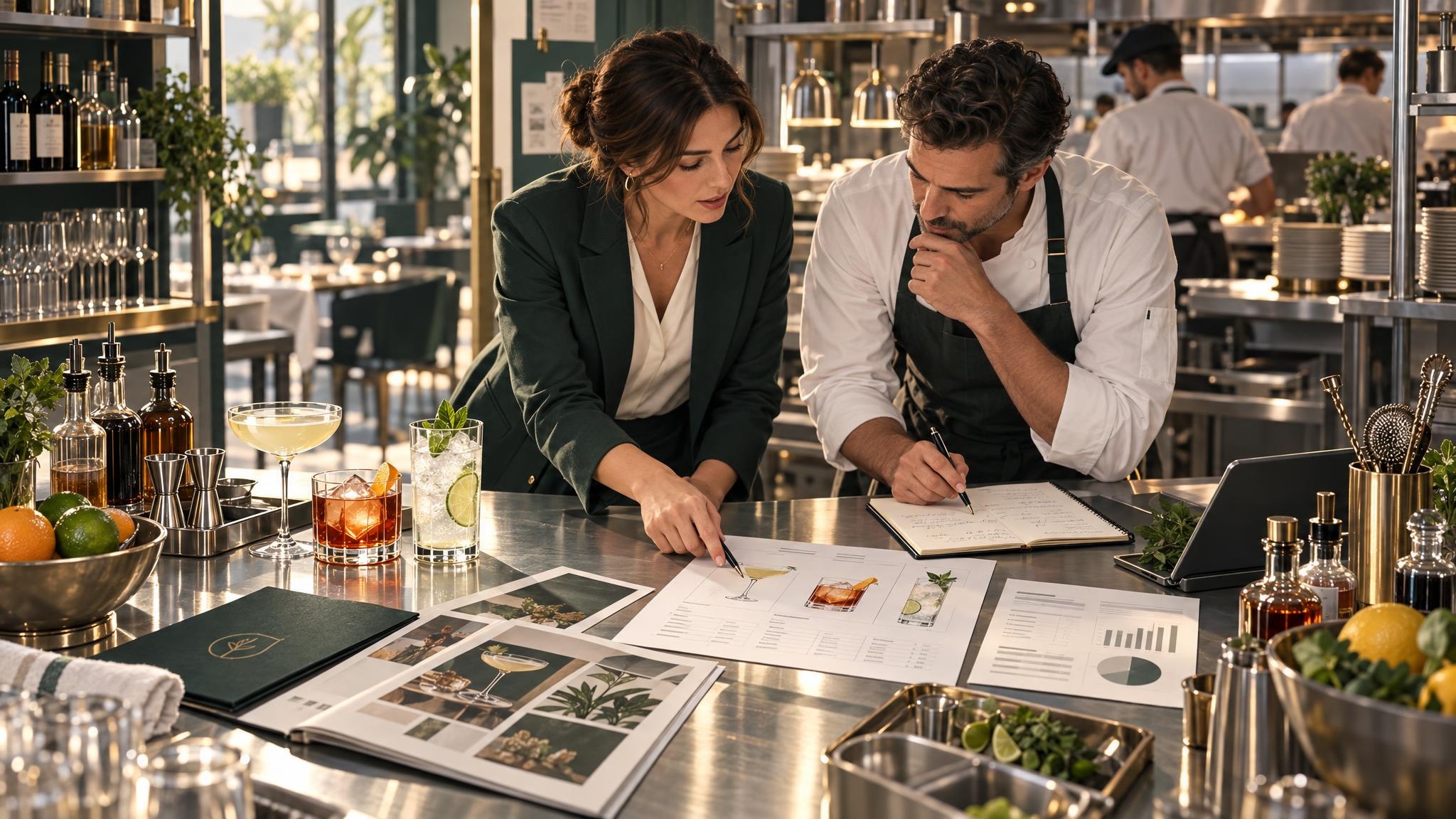 A consultant and restaurant operator review beverage menus and service notes at a prep table.